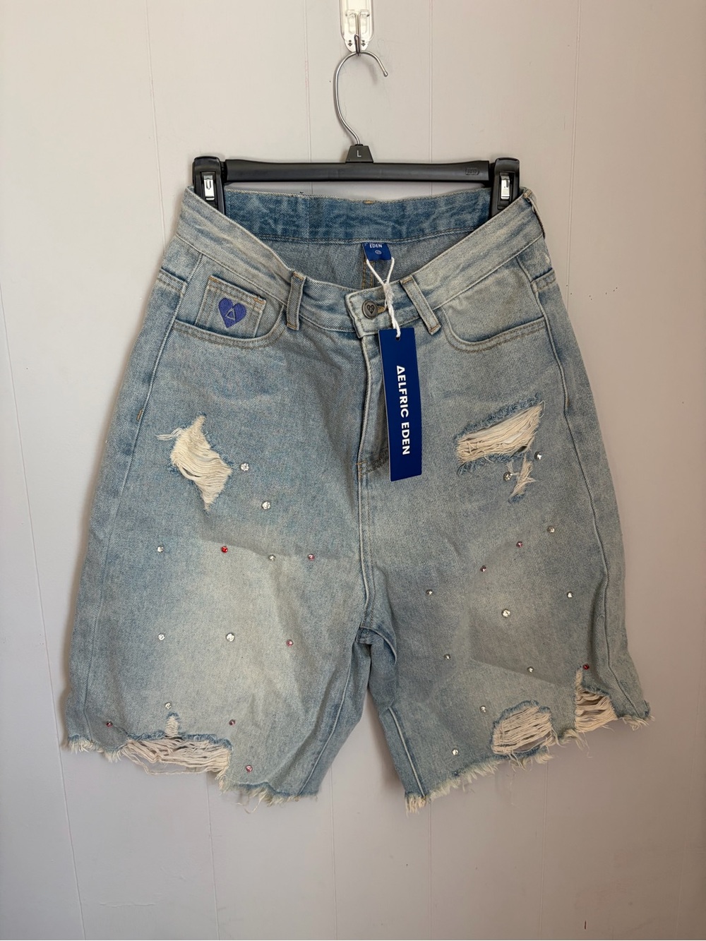 Aelfric Eden Light Wash Distressed Denim Bermuda Shorts with Studs